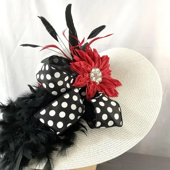Retro White Red Womens Kentucky Derby Hat Jeweled Flower Polka Dot Bow Wide Brim - Picture 3 of 4